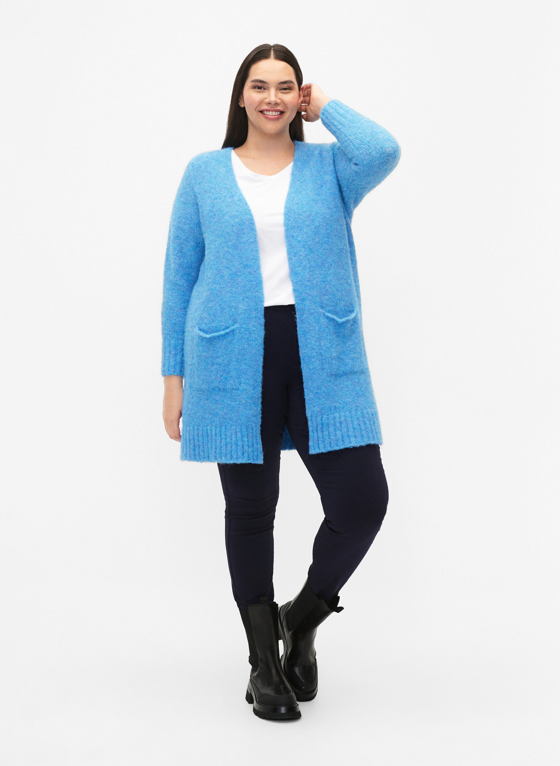Zizzi Lang strikket cardigan i ull med lommer, French Blue, Model image number 2