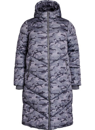 Zizzi Lang kamuflasje pufferjakke, Grå, Packshot image number 0