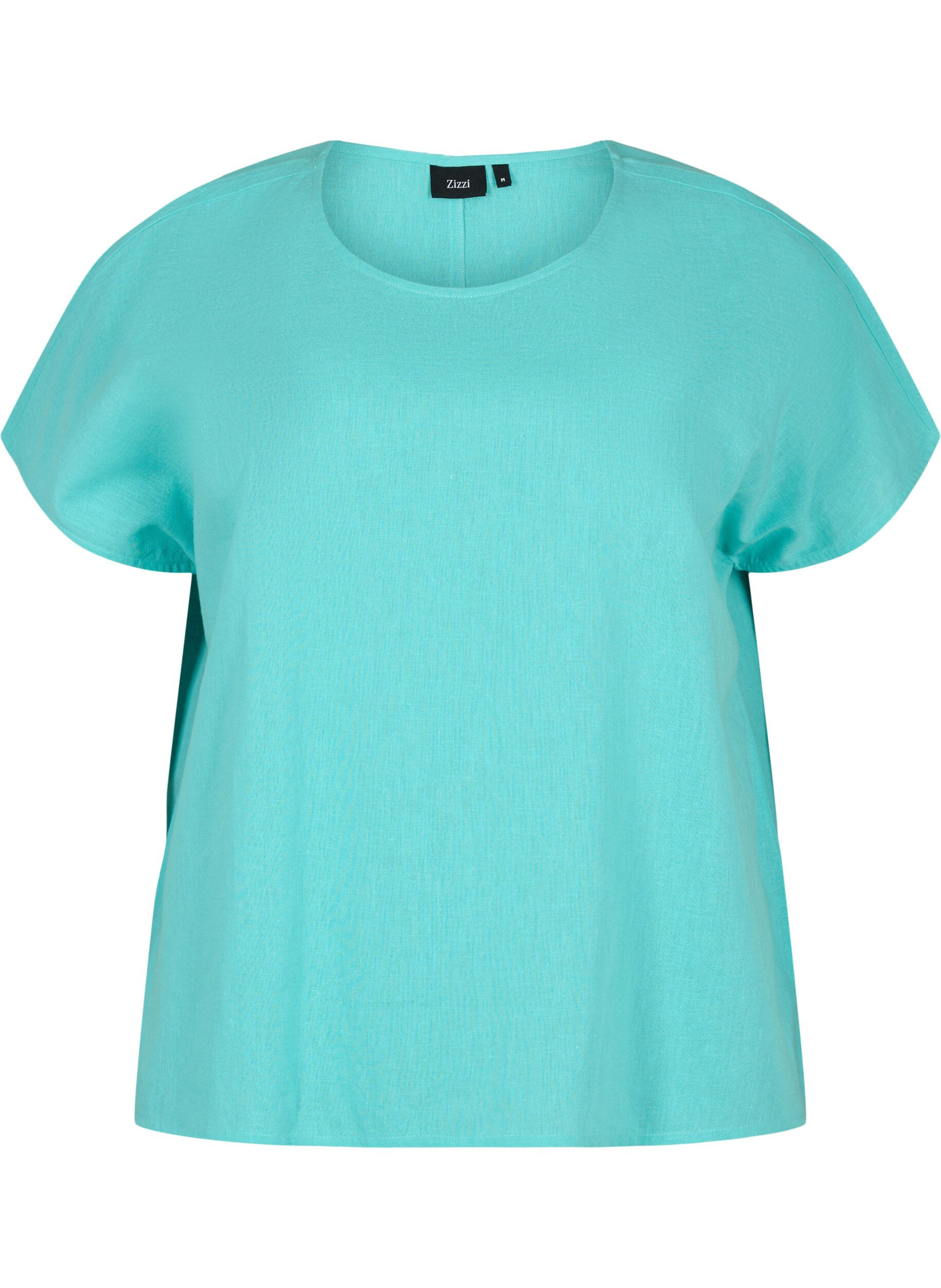 Zizzi Kortermet bluse i bomullsblanding med lin, Turquoise, Packshot image number 0