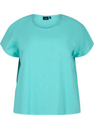 Kortermet bluse i bomullsblanding med lin, Turquoise