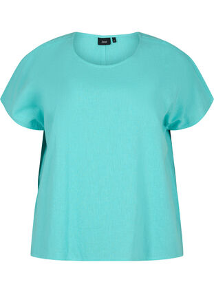 Kortermet bluse i bomullsblanding med lin, Turquoise, Packshot image number 0