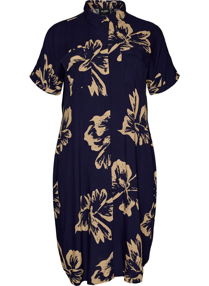 Lang skjortekjole med korte ermer, Bl&aring;, Packshot image number 0