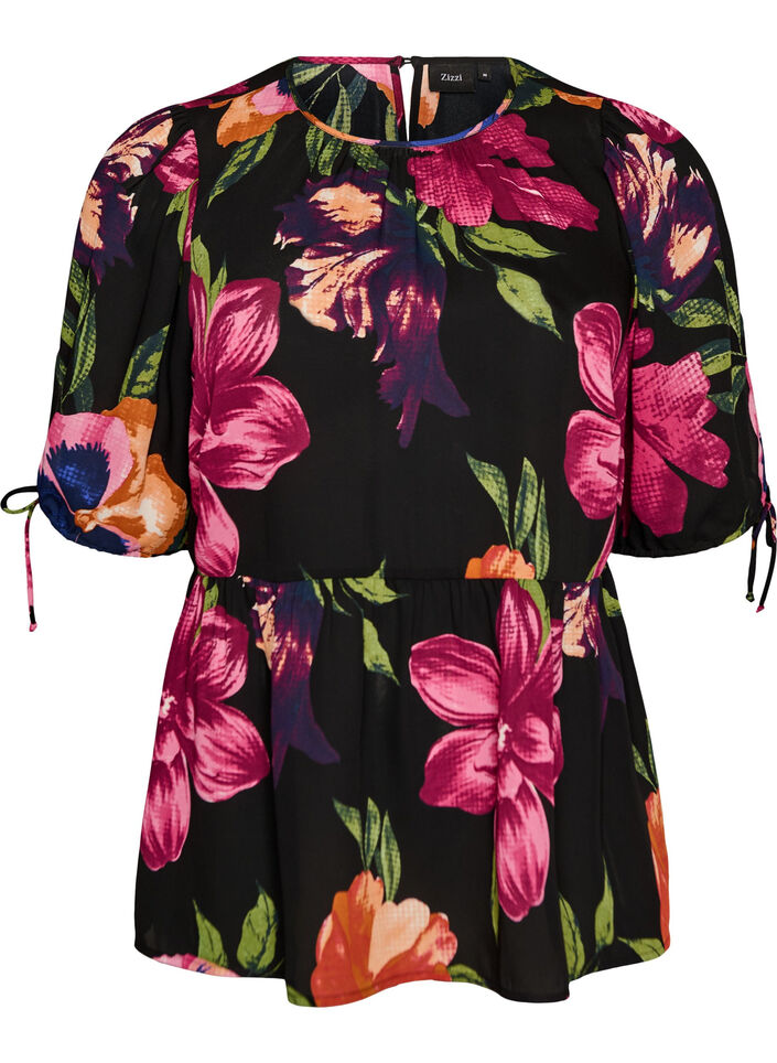 Bluse med blomstertrykk og peplum, Svart, Packshot image number 0