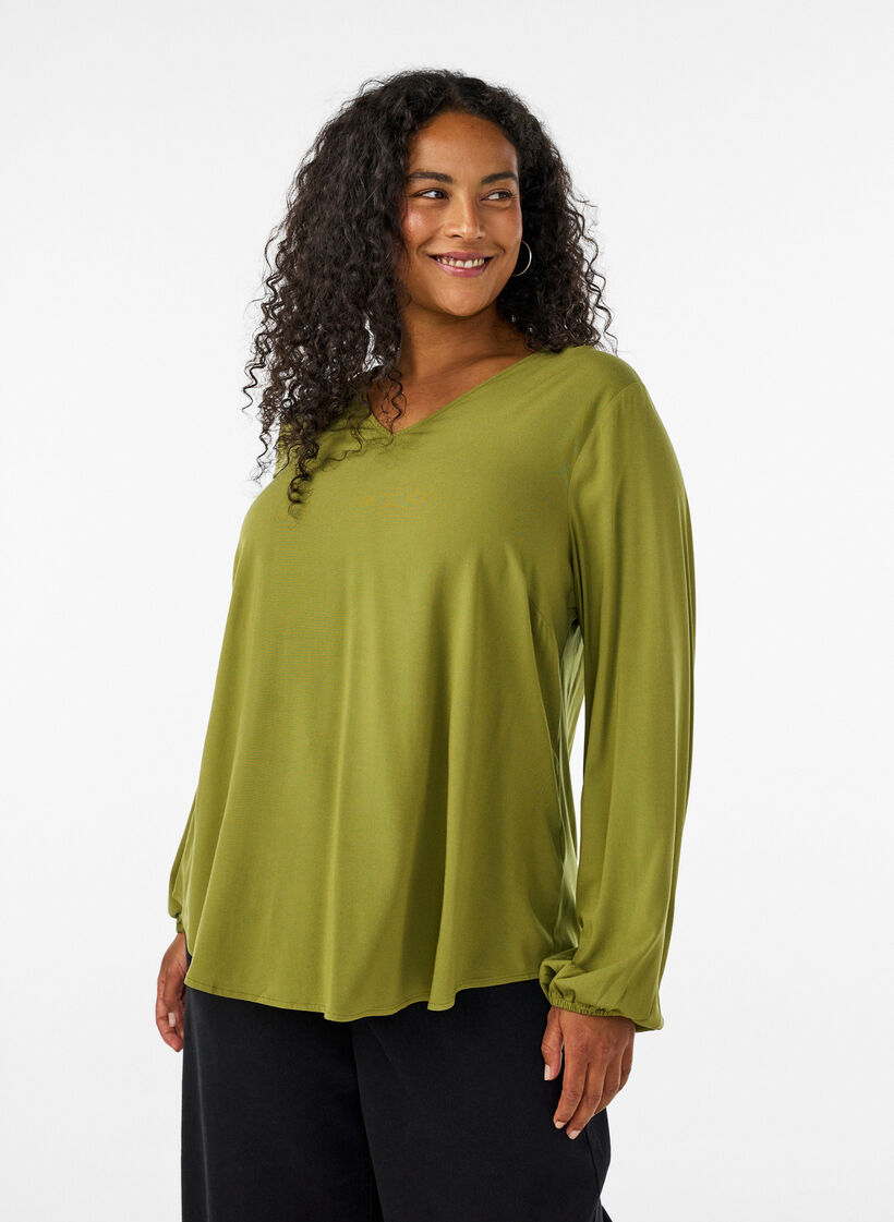 Viskosebluse med V-hals og lange ermer, Gr&oslash;nn, Model image number 0
