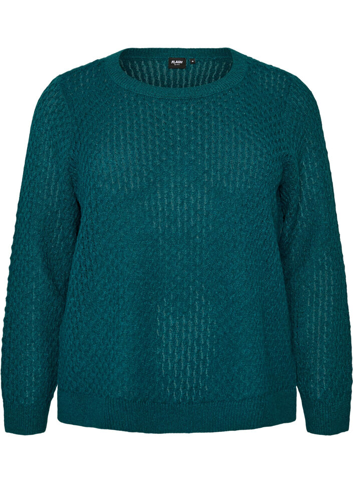Strikkebluse med strukturert hullm&oslash;nster, Gr&oslash;nn, Packshot image number 0