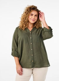 Bomullsbluse med V-hals, Grønn Bomullsbluse med V-hals, Grønn, Model