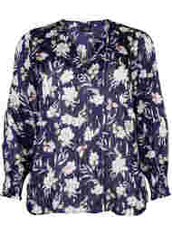 Mønstrete bluse med smock og V-hals, Blue Flower