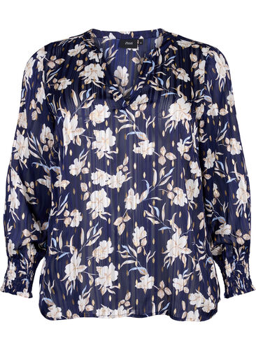 Mønstrete bluse med smock og V-hals, Blue Flower, Packshot image number 0