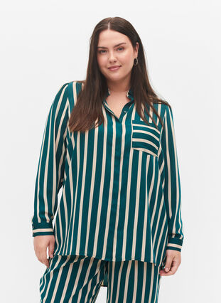 Stripete skjorte med lange ermer, Green Stripe, Model image number 0