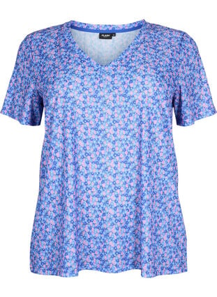 FLASH - Mønstret T-skjorte med V-hals, Blue Rose Ditsy, Packshot image number 0