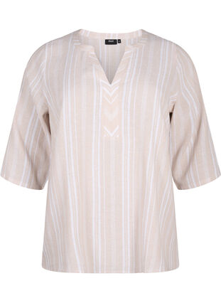 Zizzi Stripete bluse i lin- og viskoseblandet kvalitet, Beige, Packshot image number 0