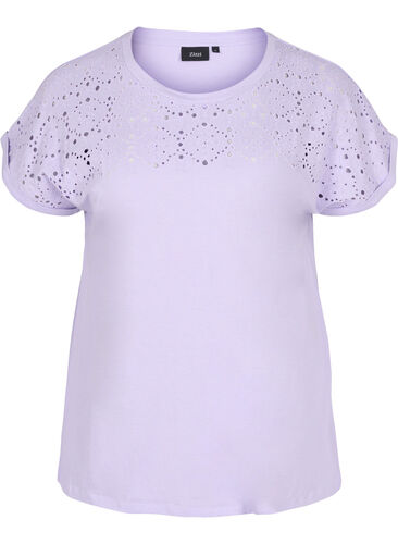 Løs T-skjorte med broderi anglaise, Lavender, Packshot image number 0