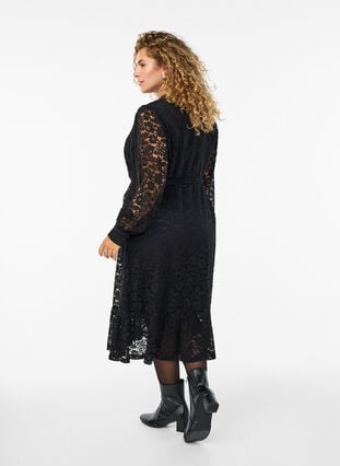 Zizzi Blondekjole med lange ermer og knytebelte, Svart, Model image number 1