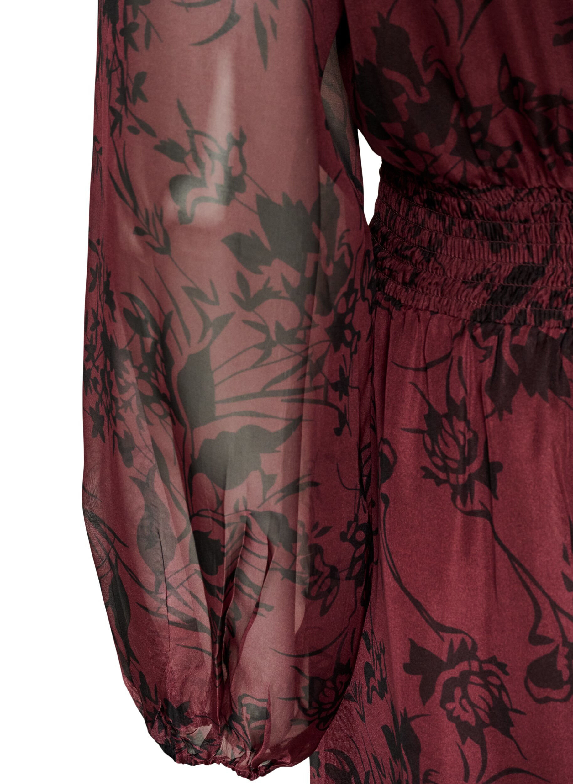 ZizziMaxikjole med blomstertrykk og smockdetaljer, M&oslash;rk Bordeaux, Packshot image number 3