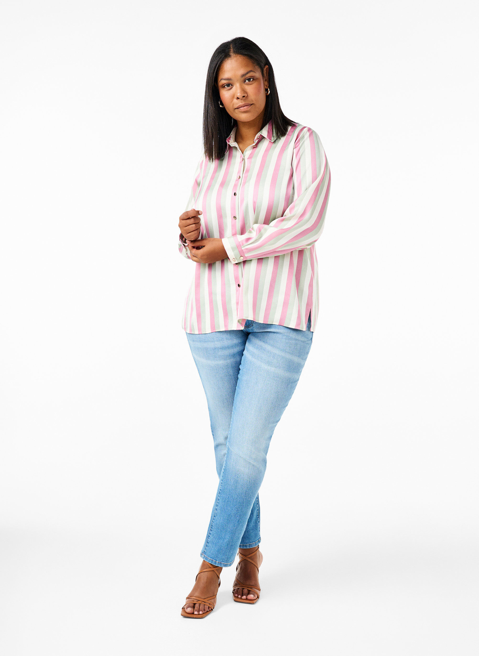 Zizzi Stripete satengskjorte med krage, Rose Stripe, Model image number 2