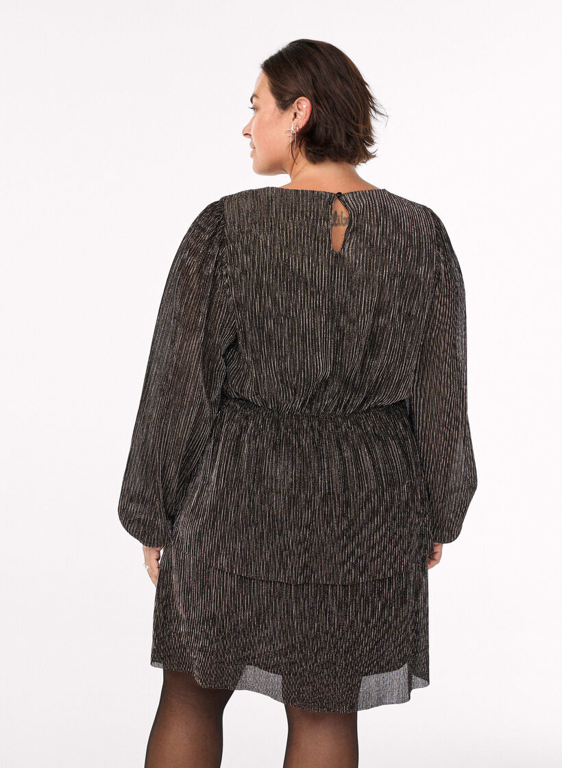 Kort kjole med glitterstriper og lange ermer, Svart, Model image number 2