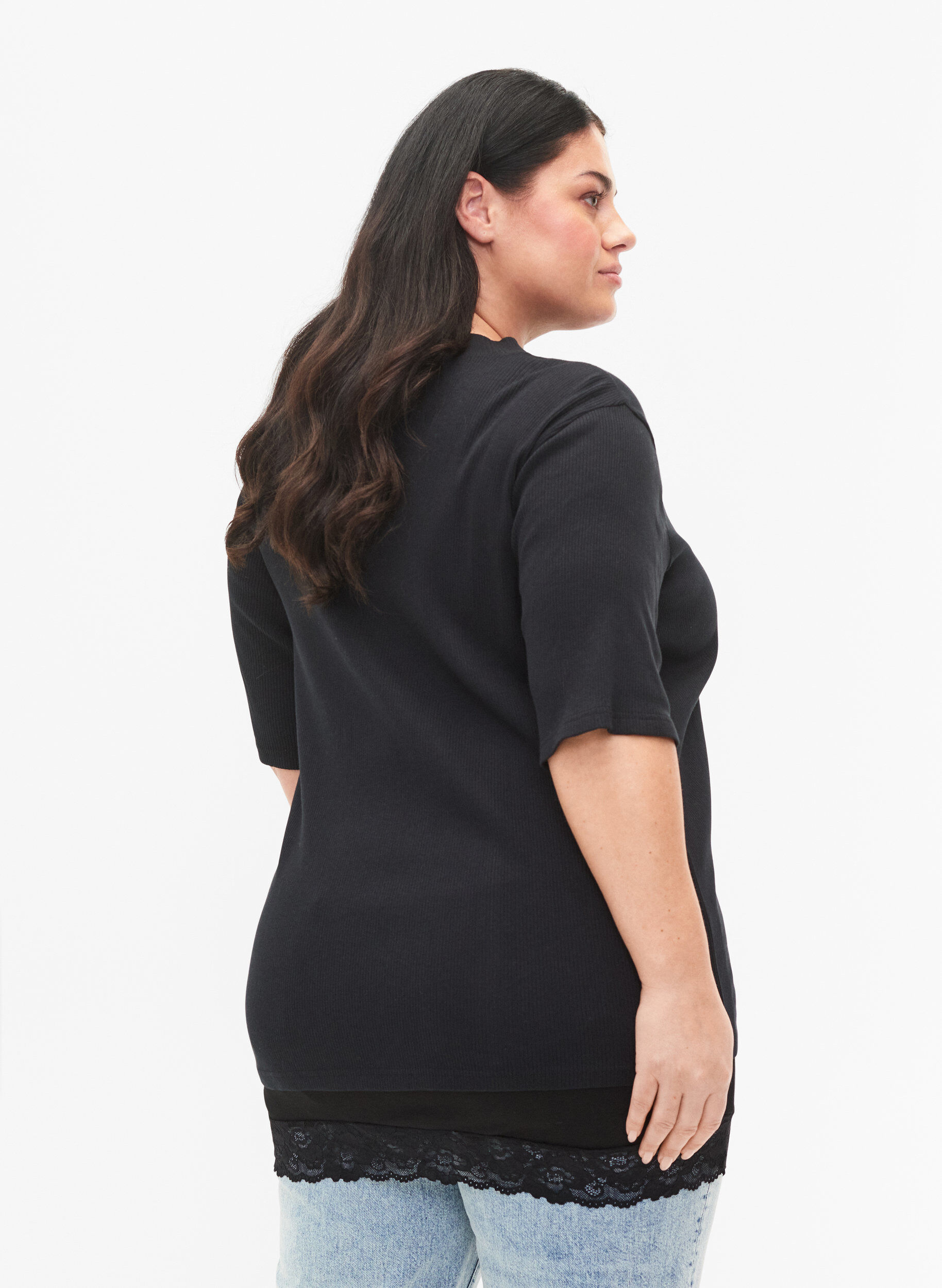 Zizzi 2-pakk toppforlenger med blondekant, Black/Black, Model image number 1