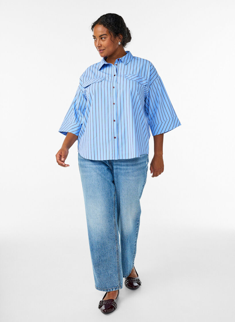 Stripete bomullsskjorte med vide ermer, Bl&aring;, Model image number 1