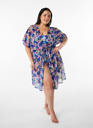 Zizzi Strandkimono med trykk, Blå, Model image number 0