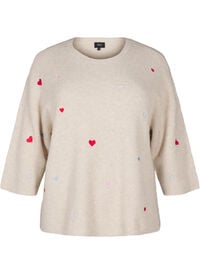 Strikket bluse med hjerter og 3/4-ermer, Beige Strikket bluse med hjerter og 3/4-ermer