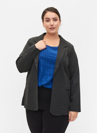Enkel blazer med knapp og pyntelommer, Dark Grey Melange, Model image number 0