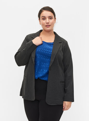 Enkel blazer med knapp og pyntelommer, Dark Grey Melange, Model image number 0