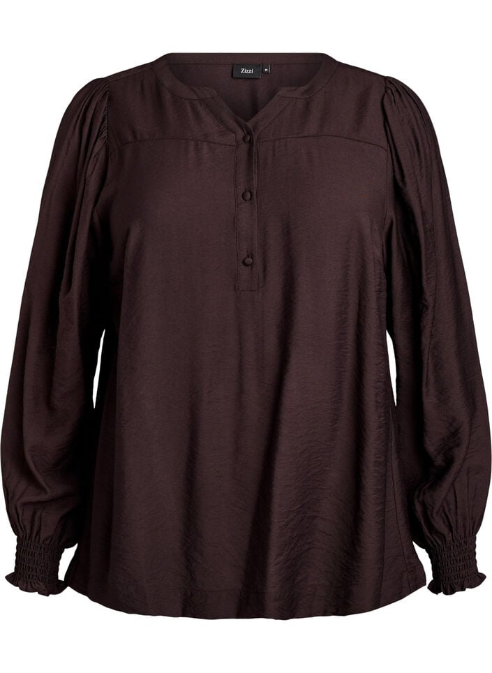 Viskosebluse med smock og rynkede detaljer, Brun, Packshot image number 0