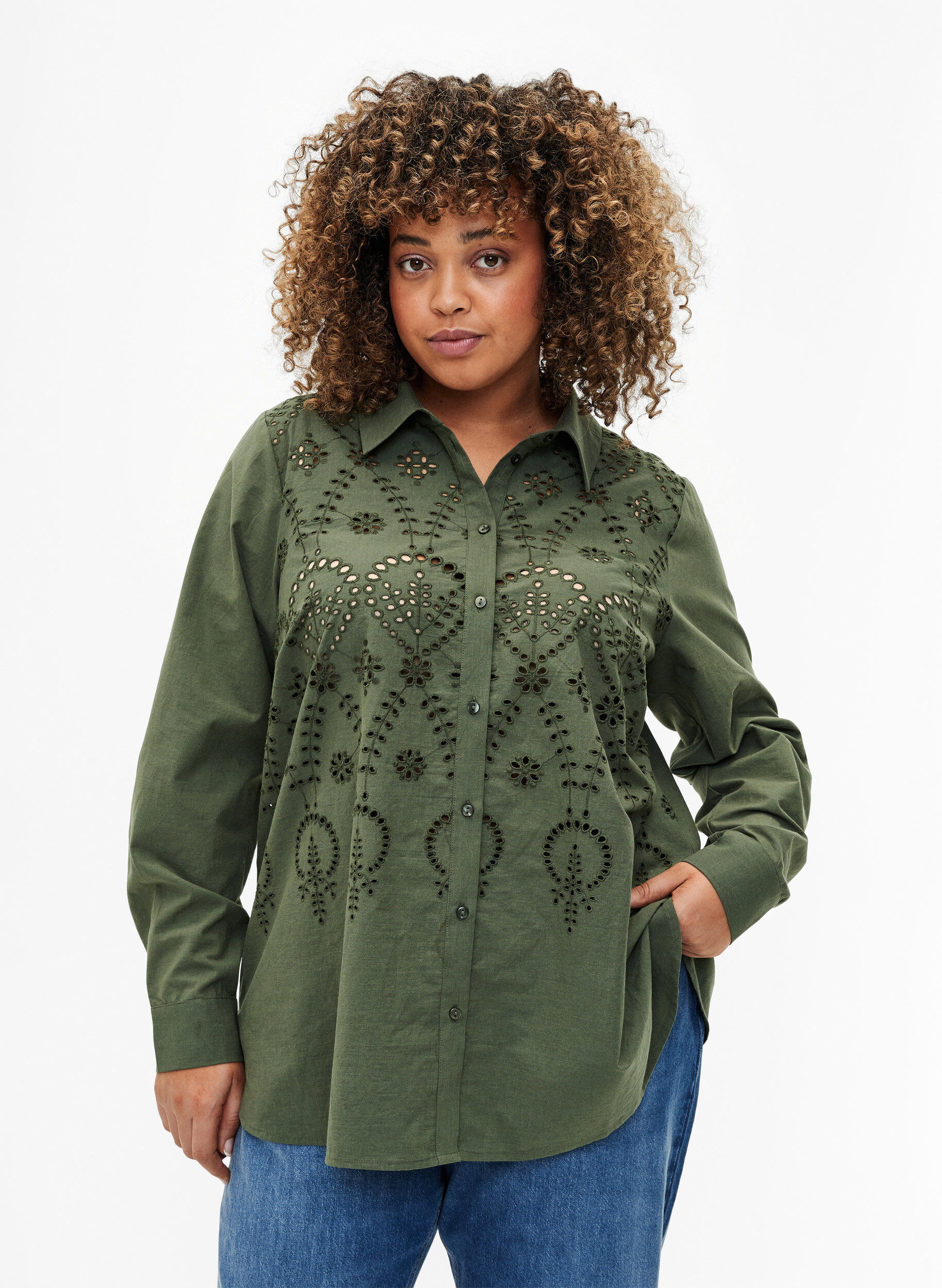 Zizzi Bomullsskjorte med engelsk broderi, Thyme, Model image number 0