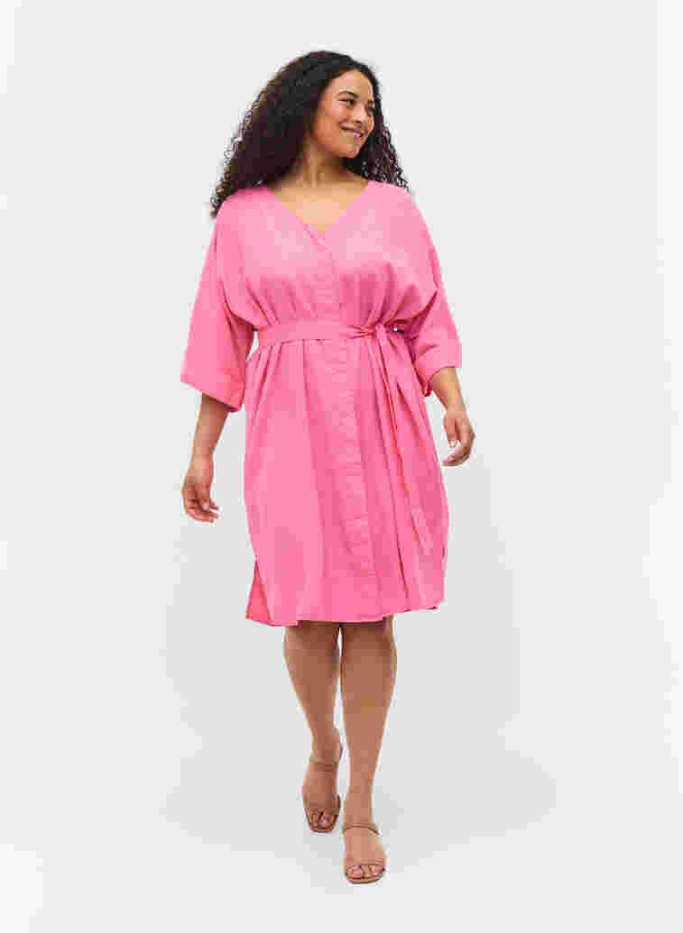 Kjole med 3/4-ermer og knyting, Shocking Pink, Model image number 2