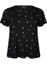 Pyjamatopp med blomstertrykk og ribbet tekstur, Svart