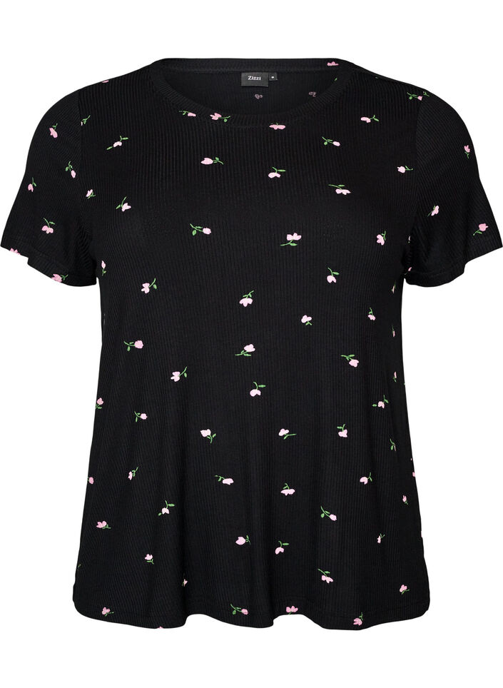 Pyjamatopp med blomstertrykk og ribbet tekstur, Svart, Packshot image number 0