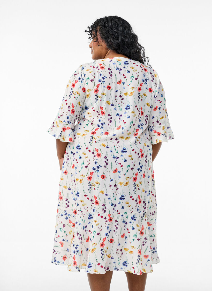 Blomstret midikjole med 3/4-ermer, Multi Flower AOP, Model