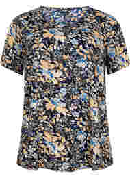 FLASH - Bluse med korte ermer og mønster, Brown Blue Flower