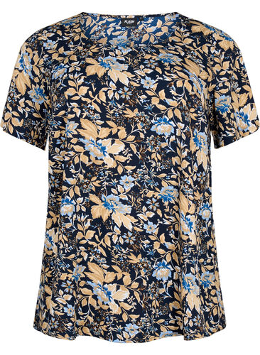 FLASH - Bluse med korte ermer og mønster, Brown Blue Flower, Packshot image number 0