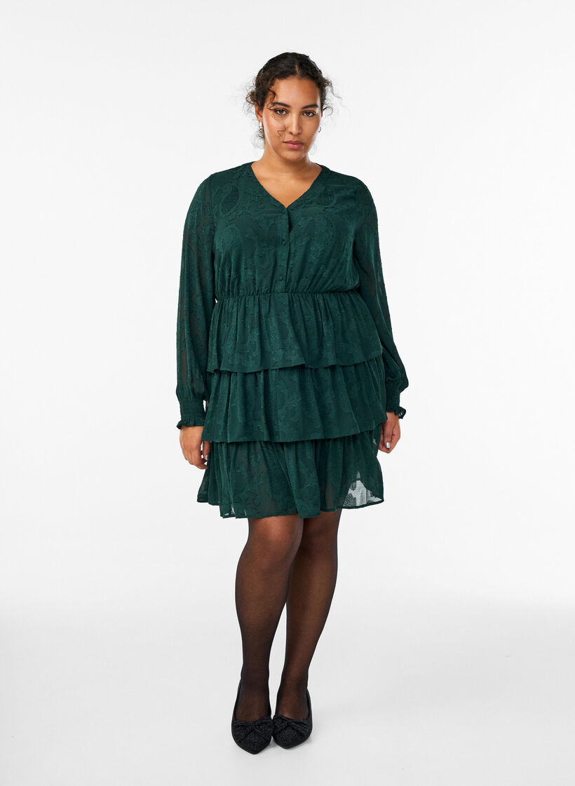 Kort kjole med volanger og teksturert m&oslash;nster, Gr&oslash;nn, Model image number 1