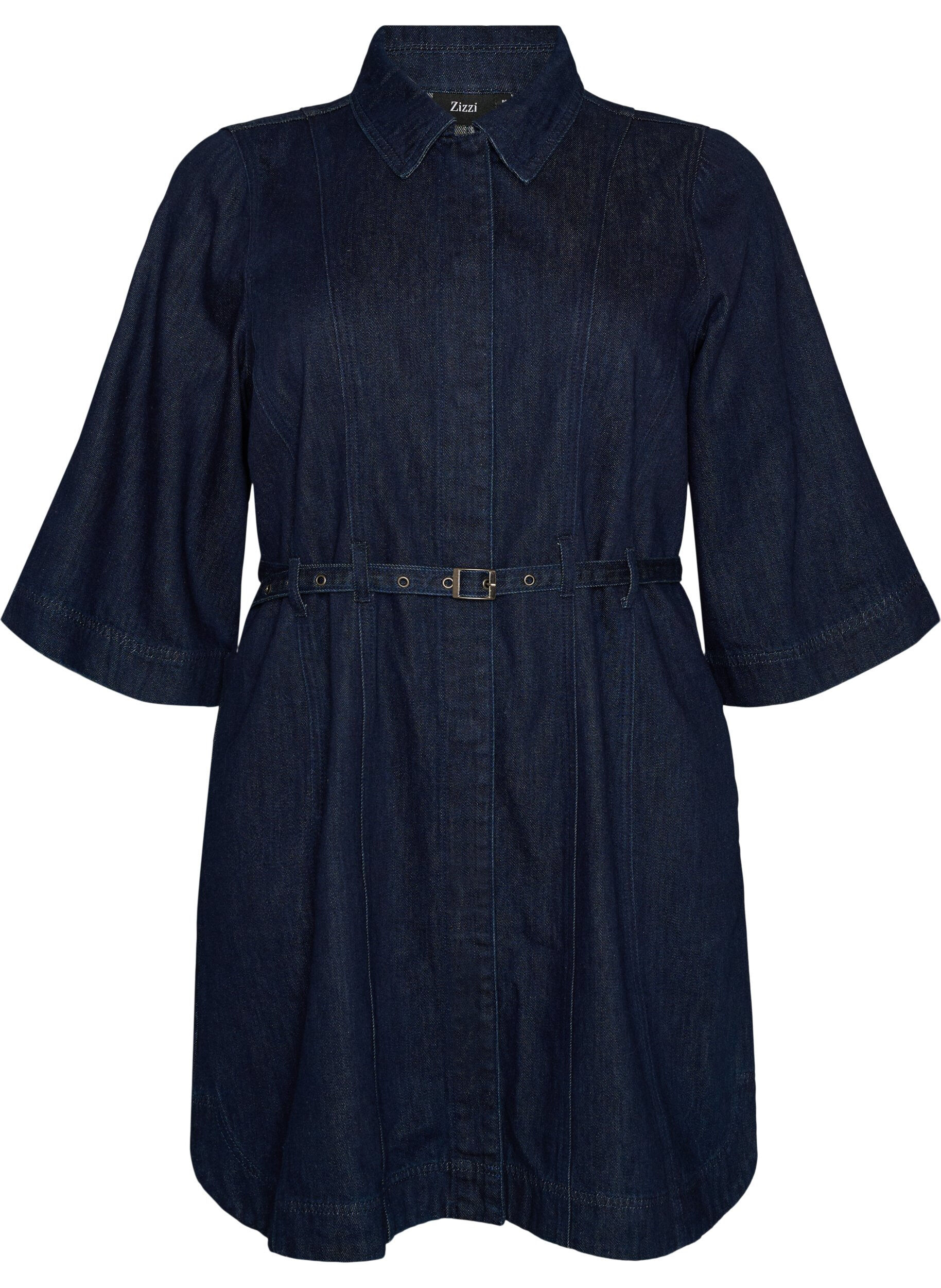 Denimkjole med belte og 3/4-ermer