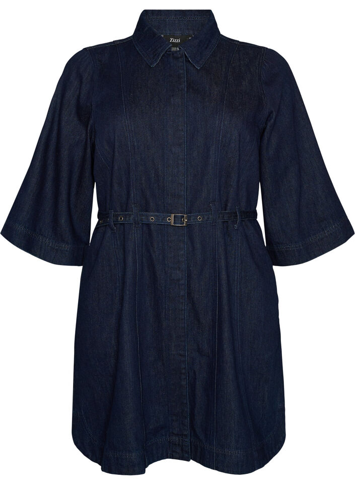 Denimkjole med belte og 3/4-ermer, Bl&aring;, Packshot image number 0