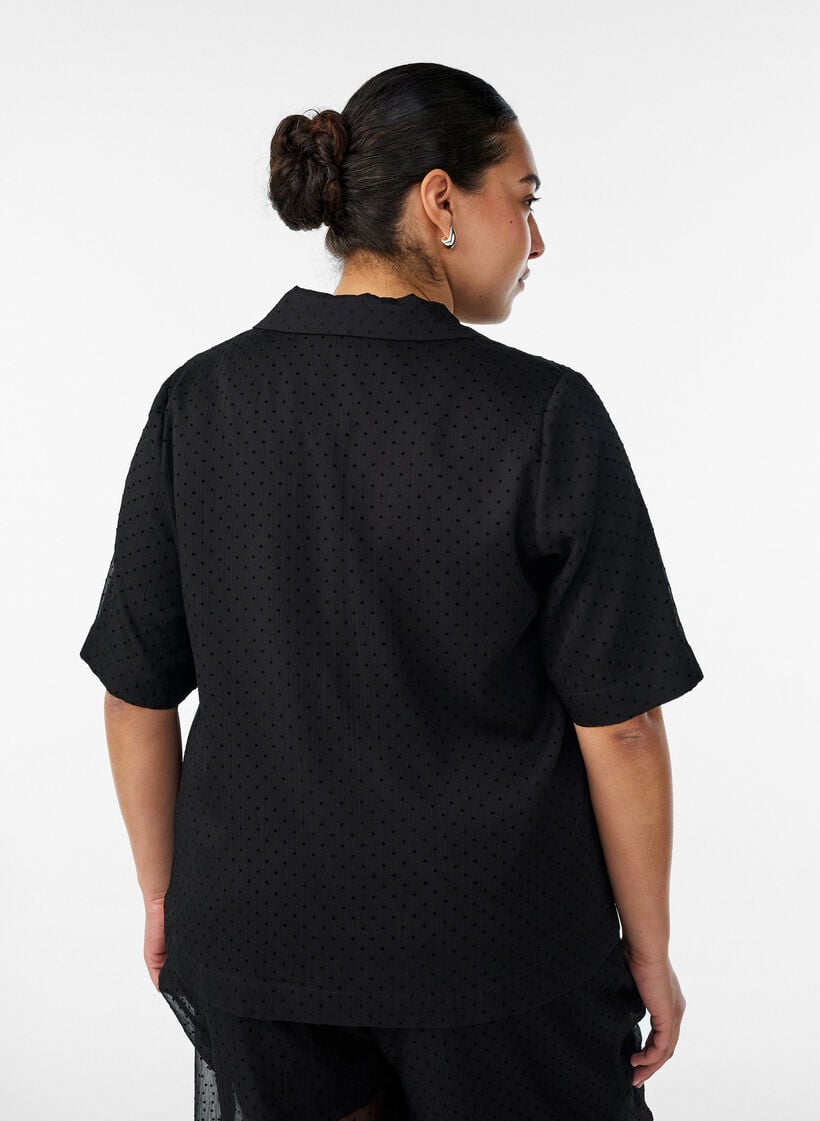 Polka dot skjortebluse med jakkeslag, Svart, Model