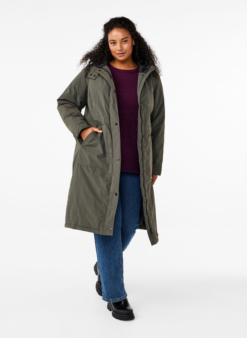 Parkas med hette og justerbar midje, Black Olive, Model image number 1
