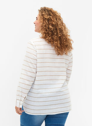 Skjortebluse med knappelukking i bomull-lin-blanding, White Taupe Stripe, Model image number 1