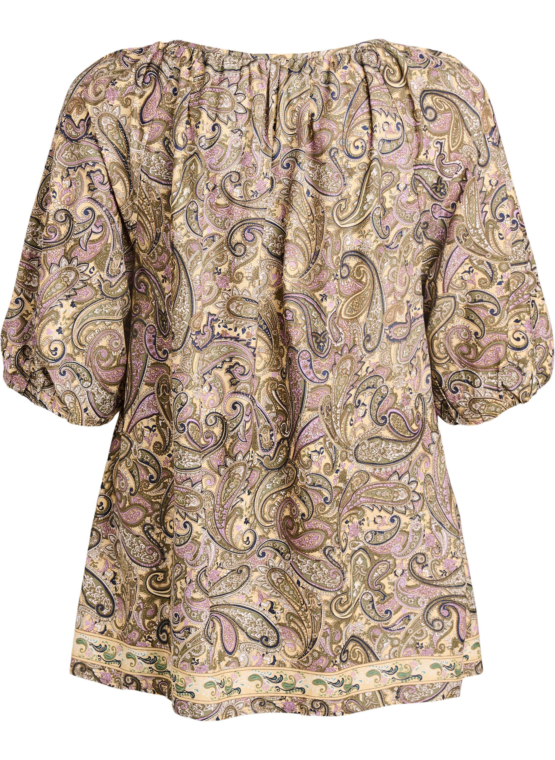 ZizziViskose bluse med paisley-trykk og knytesnor, Gul, Packshot image number 1