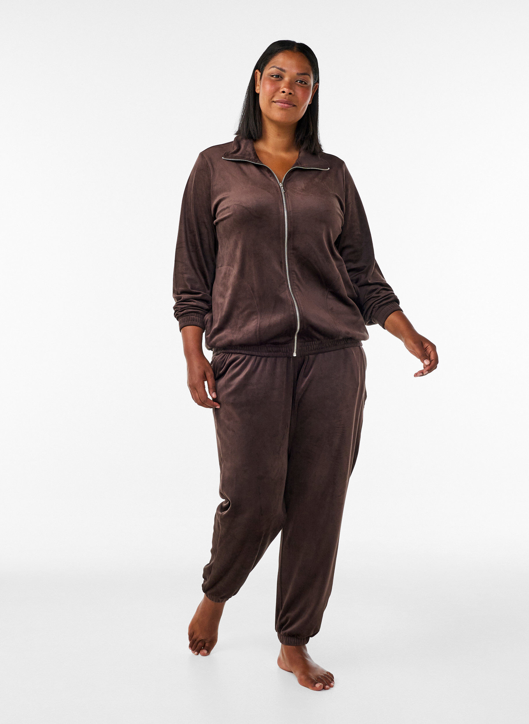 ZizziLoose fit velourbukser, Brun, Model image number 0
