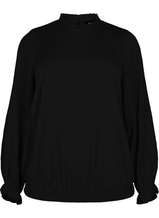 Zizzi Smockbluse med volanger og tekstur, Black, Packshot image number 0