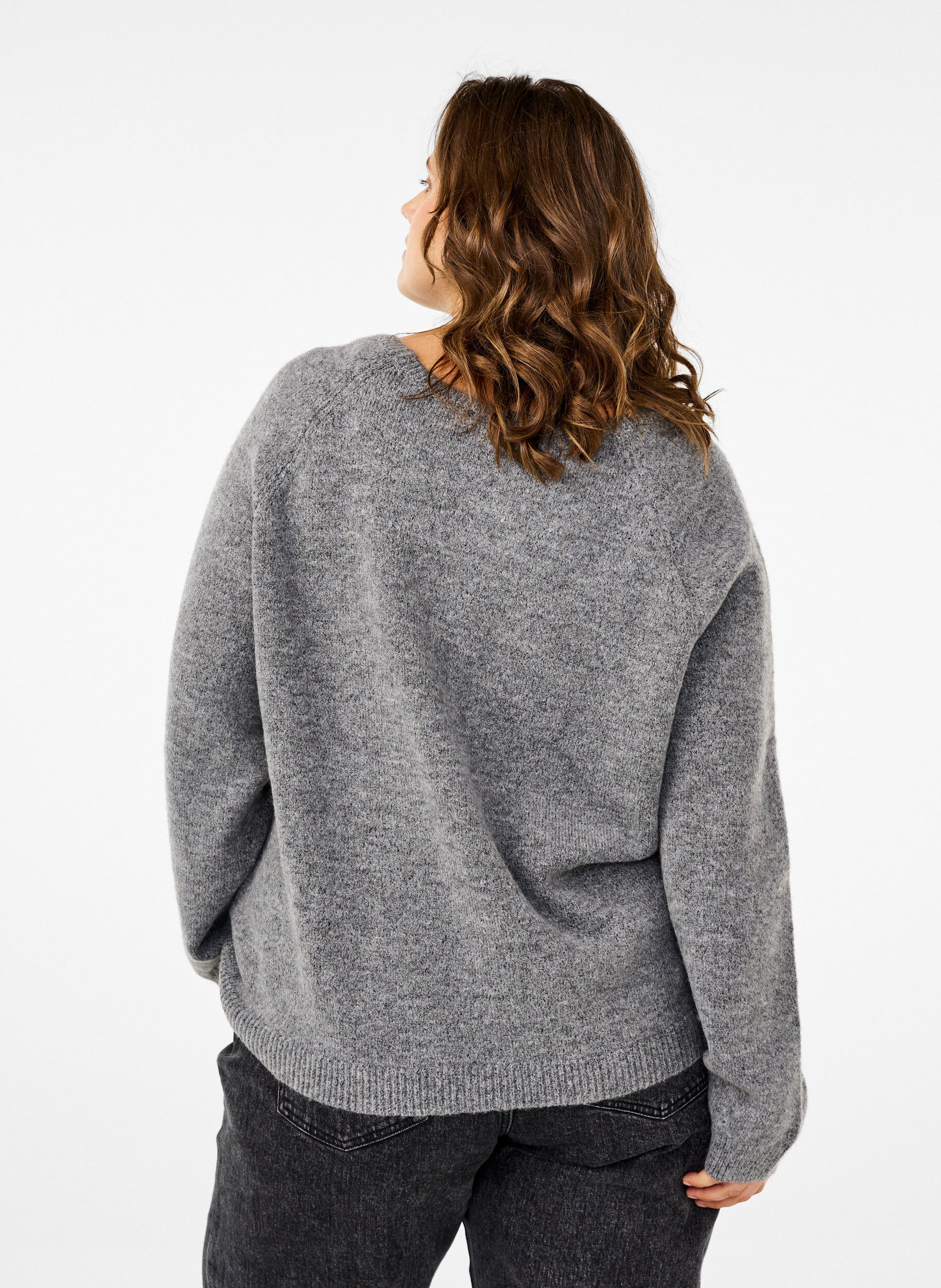 Zizzi L&oslash;stsittende, strikket bluse med rund hals, Medium Grey Melange, Model image number 1