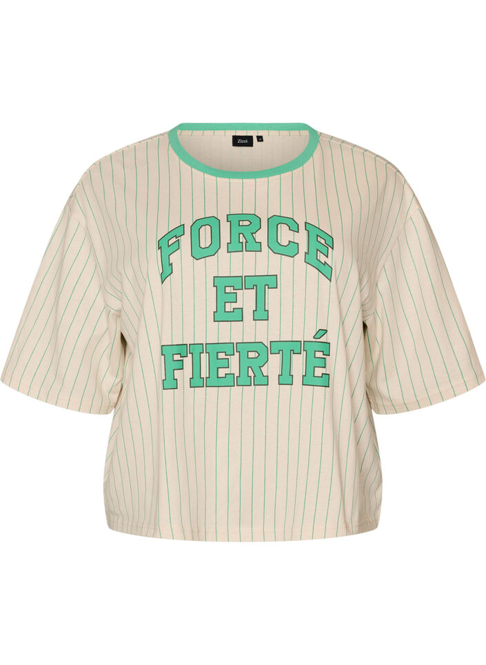 Boxy T-skjorte med striper og statement-trykk, Vanilje, Packshot image number 0