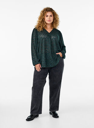 Zizzi Langermet bluse med glitter og mønster, Grønn, Model image number 1
