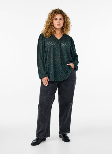 Zizzi Langermet bluse med glitter og mønster, Grønn, Model image number 1