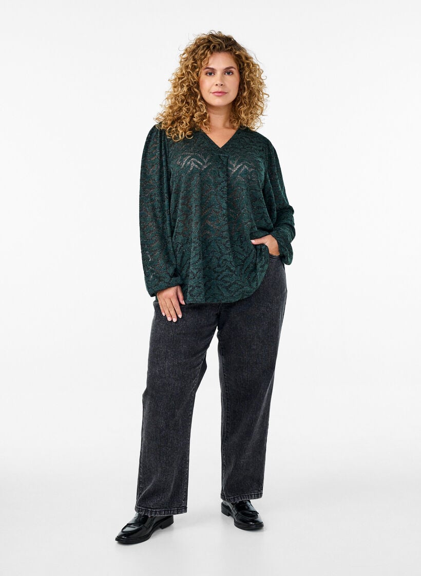 Langermet bluse med glitter og mønster, Grønn, Model image number 1