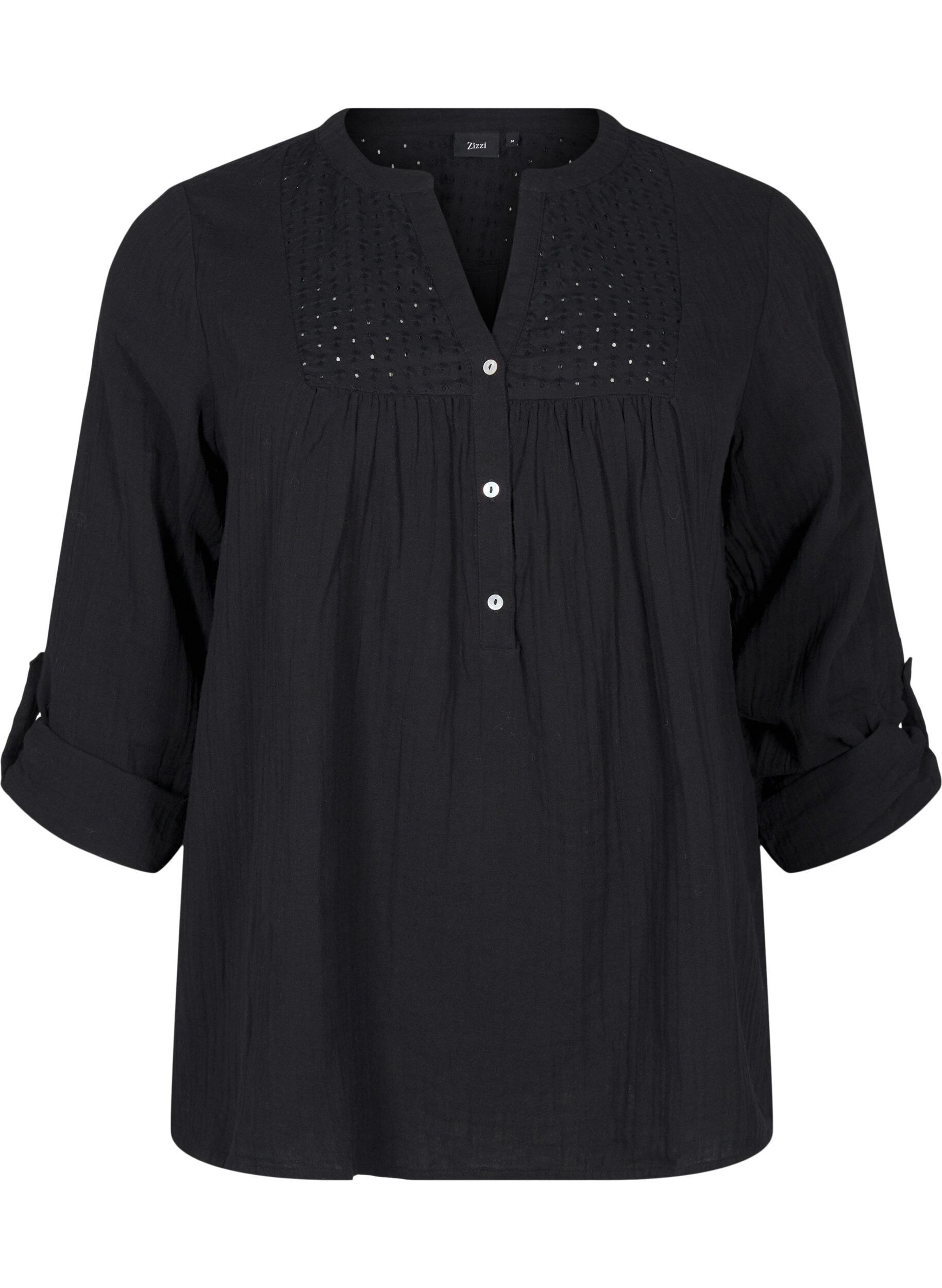 Zizzi Bomullsbluse med engelsk broderi og 3/4-ermer, Black, Packshot image number 0