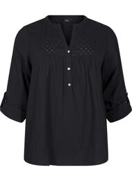 Bomullsbluse med engelsk broderi og 3/4-ermer, Black